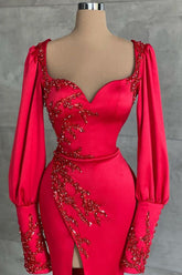 Amazing Red Long Sleeves Prom Dress with Beadings & Split - Mermaid Sweetheart